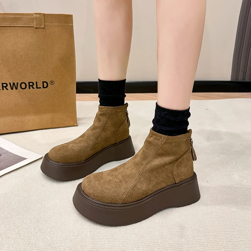 Women's Autumn New Brand Designer Suede Waterproof Heightened Flat Boots 2025 Fashion Round Toe Comfortable Warm Chelsea Boots - Image 2